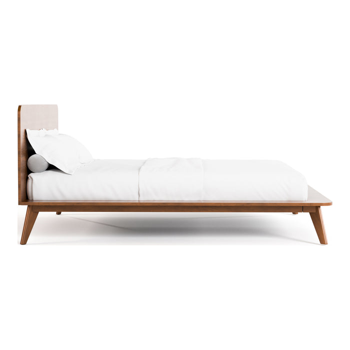Front facing side view of a mid-century modern walnut finish rounded corner queen bed on a white background
