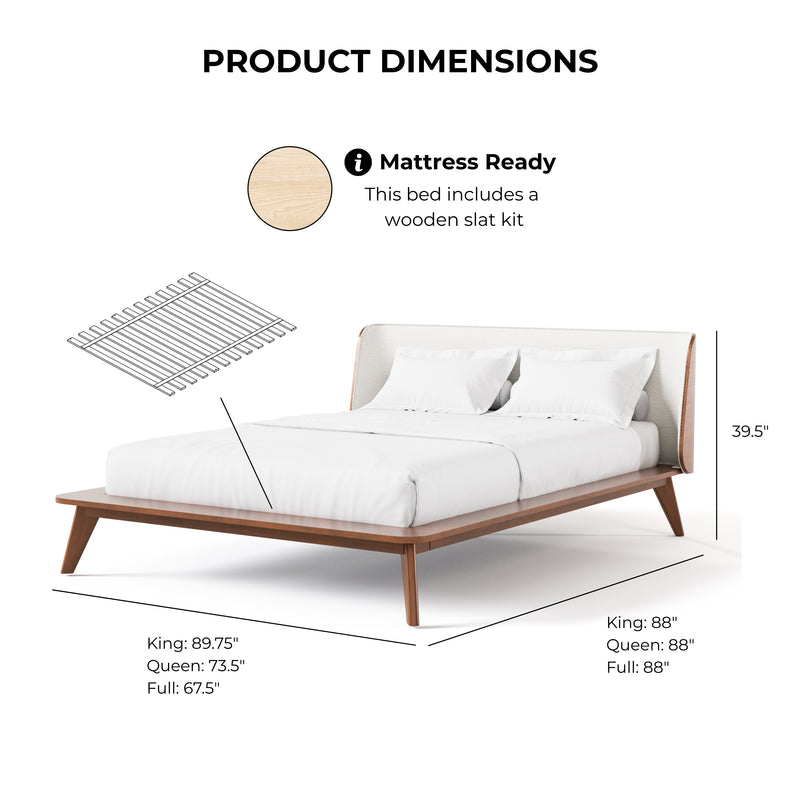 Beau Midcentury Boucle Wingback Low Profile Platform Bed
