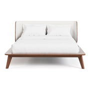 Front facing mid-century modern walnut and beige boucle wingback queen bed on a white background