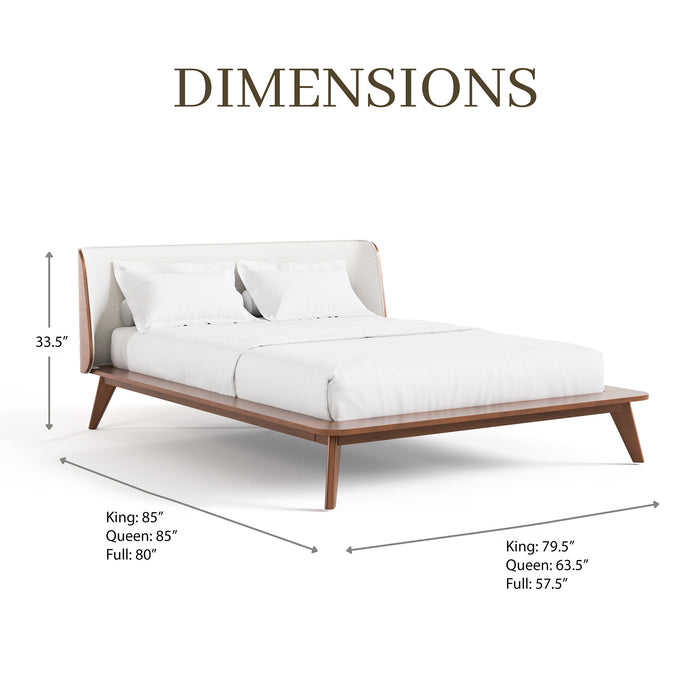 Informational image of the product dimensions of a mid-century modern walnut and beige boucle wingback queen bed