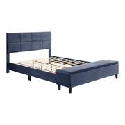 Right facing contemporary grey upholstered full bed with attached storage bench on a white background