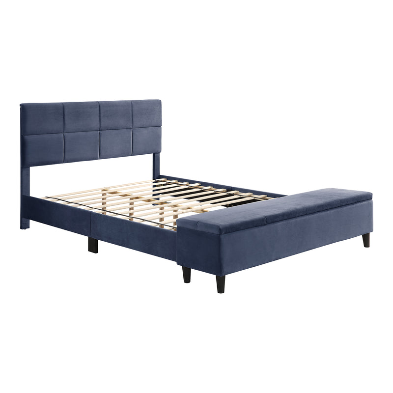 Right facing contemporary grey upholstered full bed with attached storage bench on a white background