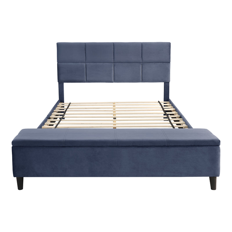 Front facing contemporary grey upholstered full bed with attached storage bench on a white background