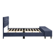 Front facing side view of a contemporary grey upholstered full bed with attached storage bench on a white background