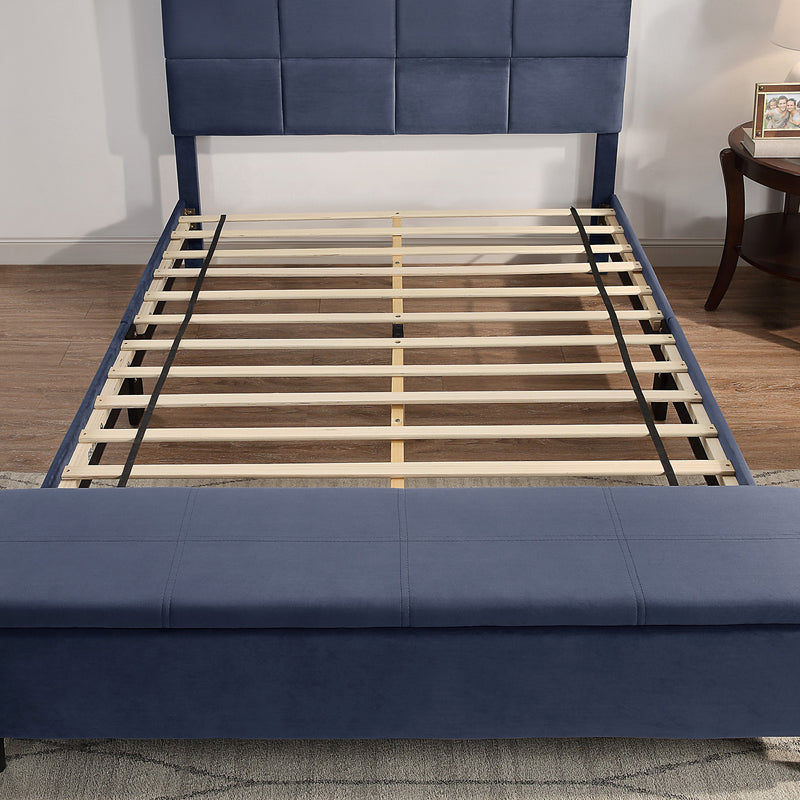 Front facing contemporary grey upholstered full bed with attached storage bench in a room with accessories