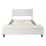Front facing contemporary white upholstered full bed with attached storage bench on a white background