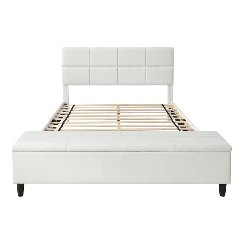 Front facing contemporary white upholstered full bed with attached storage bench on a white background