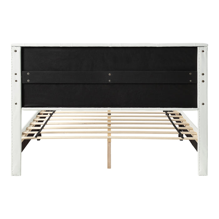 Front facing back view of a contemporary white upholstered full bed with attached storage bench on a white background