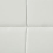 Swatch view of the upholstery and tufting on a contemporary white upholstered full bed with attached storage bench