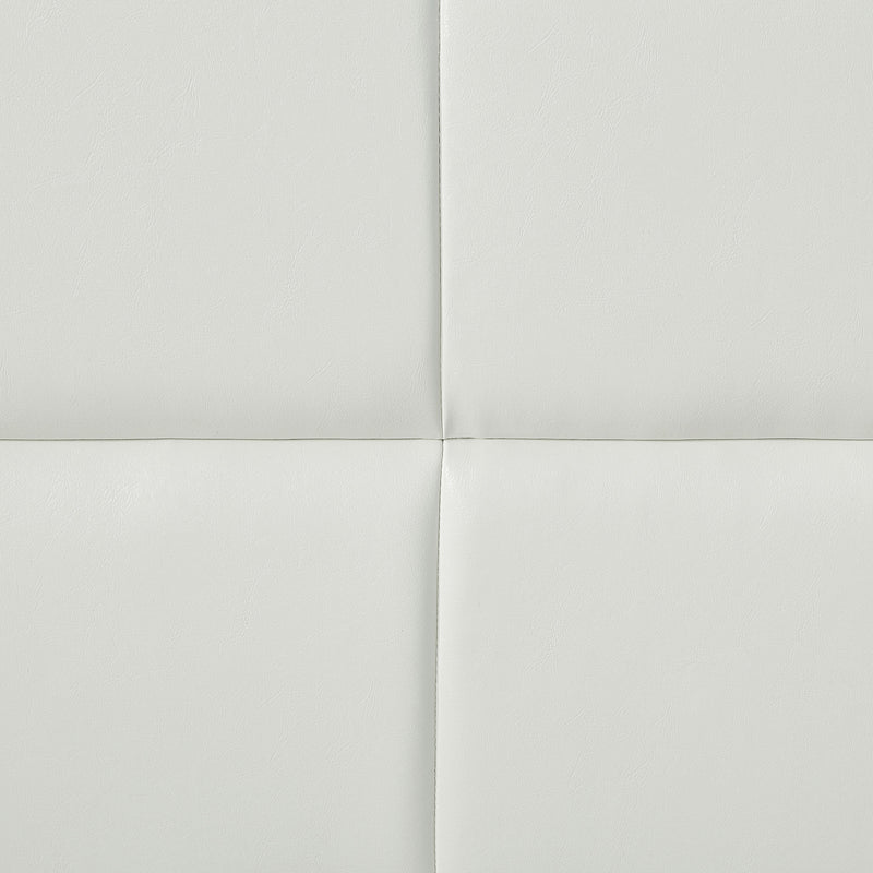 Swatch view of the upholstery and tufting on a contemporary white upholstered full bed with attached storage bench