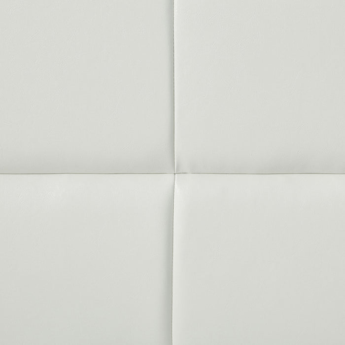 Swatch view of the upholstery and tufting on a contemporary white upholstered full bed with attached storage bench