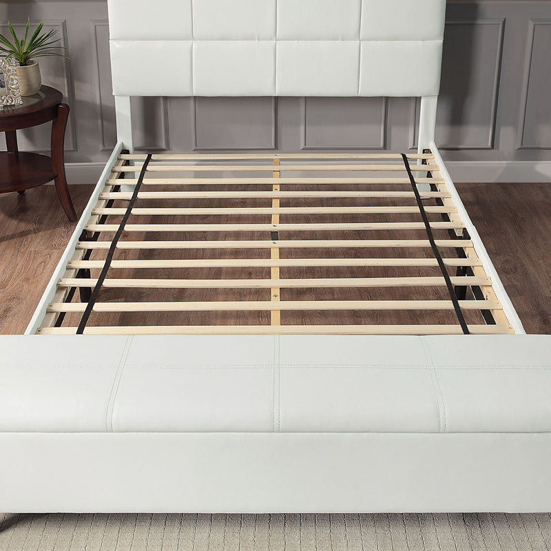 Front facing contemporary white upholstered full bed with attached storage bench in a room with accessories
