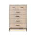 Front facing transitional light oak five-drawer chest with a metal base, on a white background