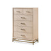 Left facing transitional light oak five-drawer chest with a metal base on a white background