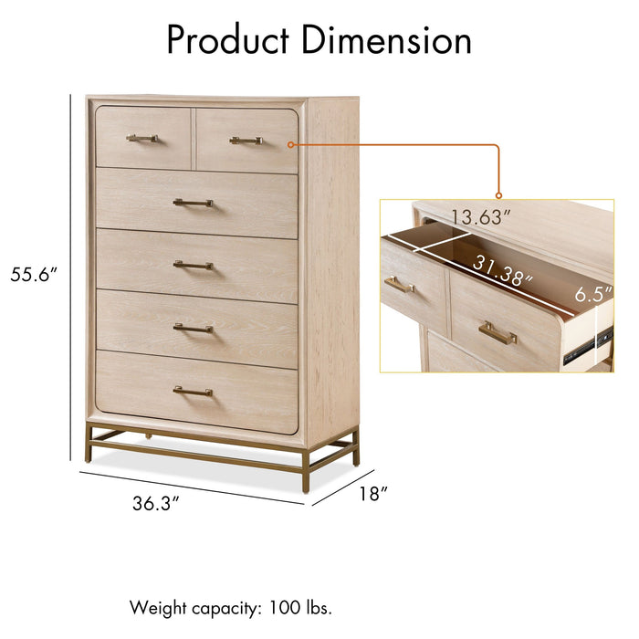 Informational image of a left facing transitional light oak five-drawer chest with a metal base overlaid with product dimensions, on a white background