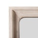Front facing close up of the framed mirror on a transitional light oak seven-drawer dresser and mirror with a metal base