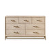 Front facing transitional light oak seven-drawer dresser with a metal base, on a white background