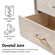 Informational image of the dovetail joints of a transitional light oak eastern king platform bed with two storage drawers on a white background