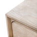 Left facing rounded corner drawer design on a transitional light oak two-drawer nightstand with a metal base, on a white background