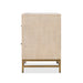 Front facing side view of a transitional light oak two-drawer nightstand with a metal base on a white background