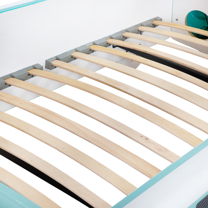 Angled close up of the support slats on a vintage teal peace bus novelty kid's platform bed
