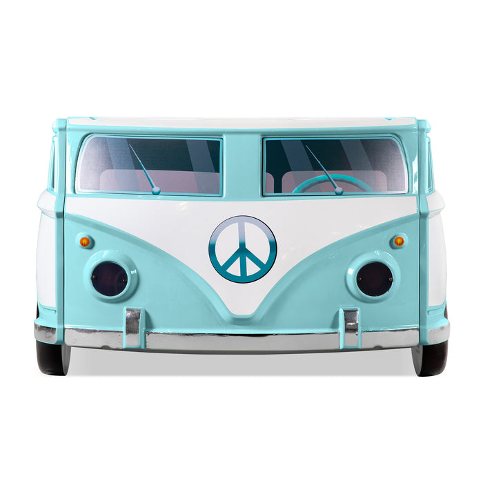 Front facing vintage teal peace bus novelty kid's platform bed on a white background