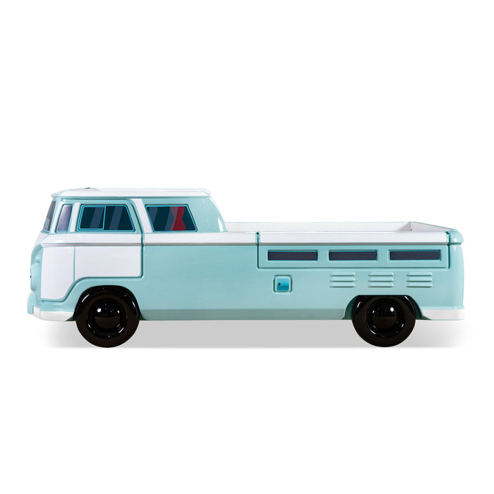 Front facing side view of a vintage teal peace bus novelty kid's platform bed on a white background