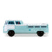 Front facing side view of a vintage teal peace bus novelty kid's platform bed on a white background