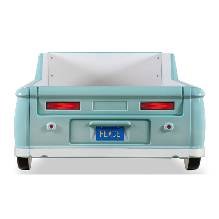 Front facing back view of a vintage teal peace bus novelty kid's platform bed on a white background