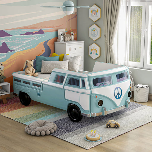 Left facing vintage teal peace bus novelty kid's platform bed in a room with accessories