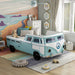 Left facing vintage teal peace bus novelty kid's platform bed in a room with accessories