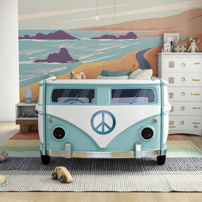 Front facing vintage teal peace bus novelty kid's platform bed in a room with accessories