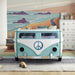 Front facing vintage teal peace bus novelty kid's platform bed in a room with accessories