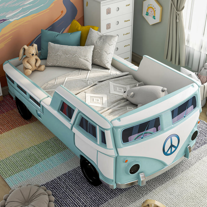 Left facing bird's eye view of a vintage teal peace bus novelty kid's platform bed in a room with accessories