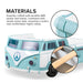 Informational image showing the materials of a vintage teal peace bus novelty kid's platform bed