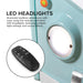 Informational image showing the LED headlights and remote control of a vintage teal peace bus novelty kid's platform bed