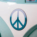 Left facing close up of the peace symbol on a vintage teal peace bus novelty kid's platform bed