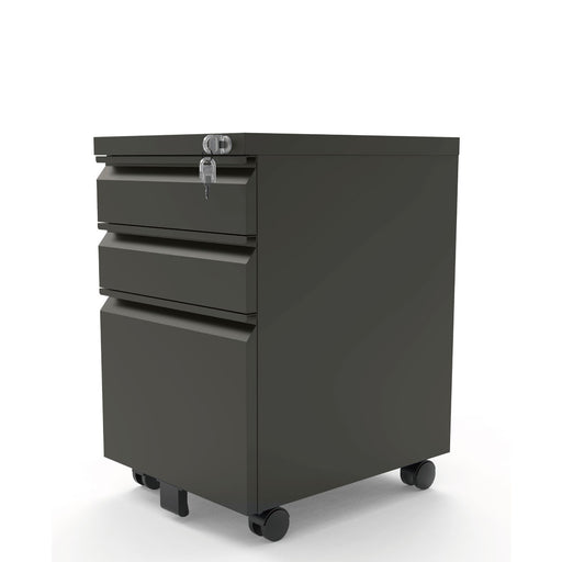 Left angled contemporary three-drawer gunmetal locking file cabinet with wheels on a white background