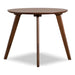 Front facing mid-century modern walnut finish round wood side table with splayed legs on a white background