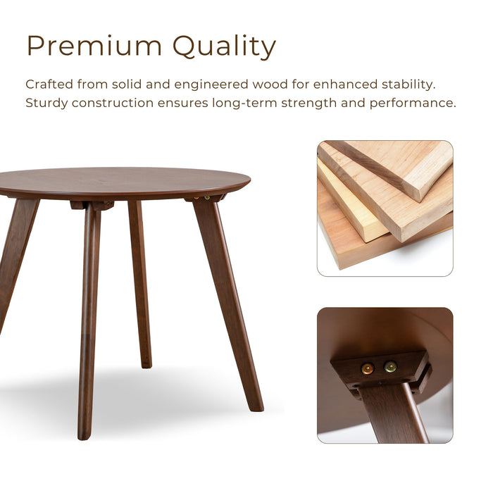 Informational image showing the premium quality of a mid-century modern walnut finish round wood side table with splayed legs