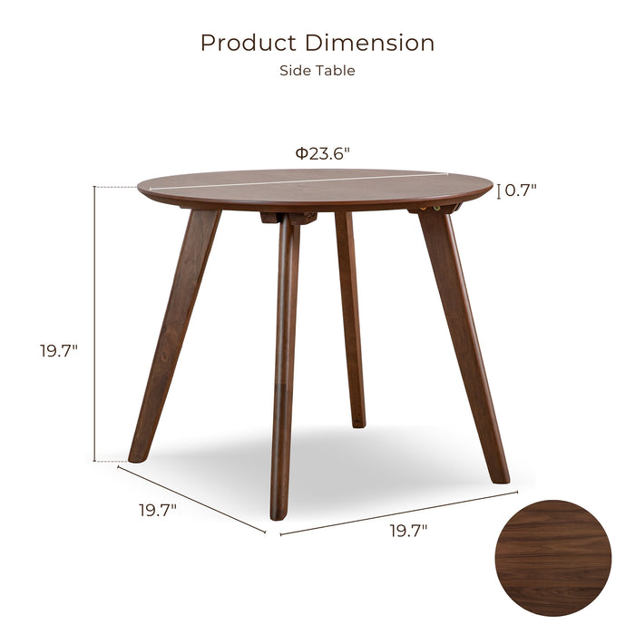Informational image showing the product dimensions of a mid-century modern walnut finish round wood side table with splayed legs