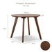 Informational image showing the product dimensions of a mid-century modern walnut finish round wood side table with splayed legs