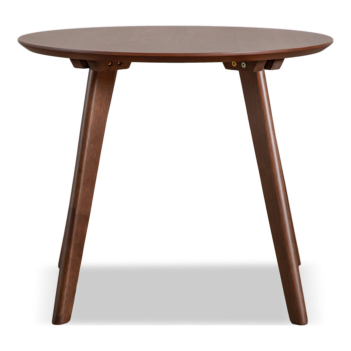 Front facing mid-century modern walnut finish round wood side table with splayed legs on a white background