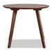 Front facing mid-century modern walnut finish round wood side table with splayed legs on a white background