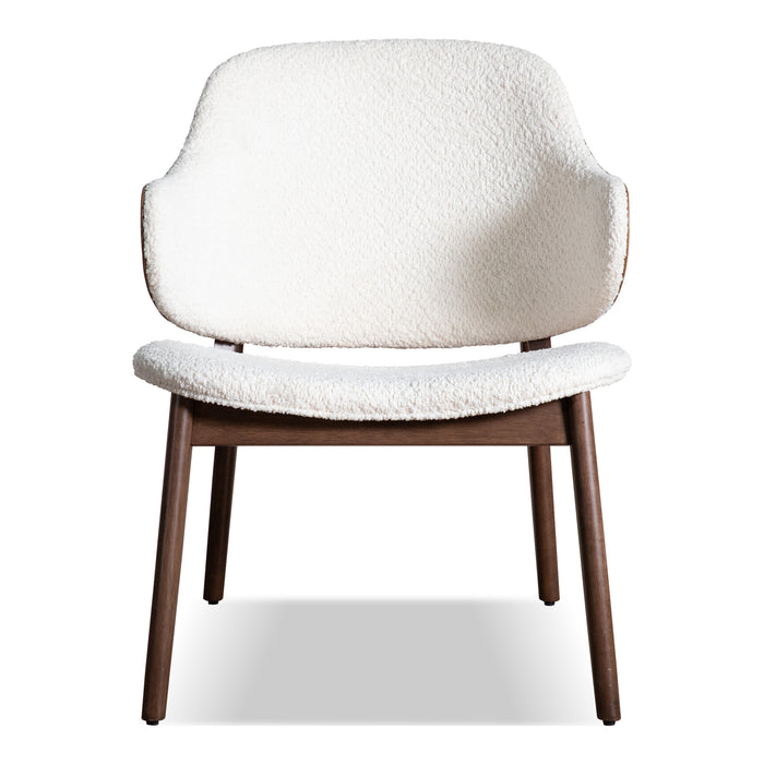 Front facing mid-century modern walnut and ivory boucle accent armchair on a white background