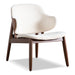 Right facing mid-century modern walnut and ivory boucle accent armchair on a white background
