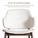 Informational image of the style and comfort of a mid-century modern walnut and ivory boucle accent armchair