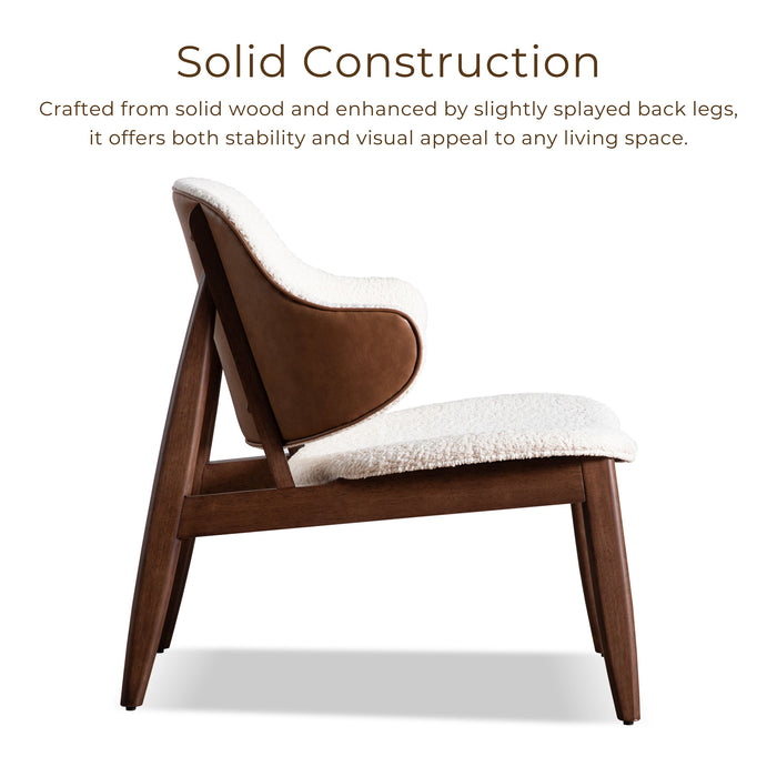 Informational image of the solid construction of a mid-century modern walnut and ivory boucle accent armchair