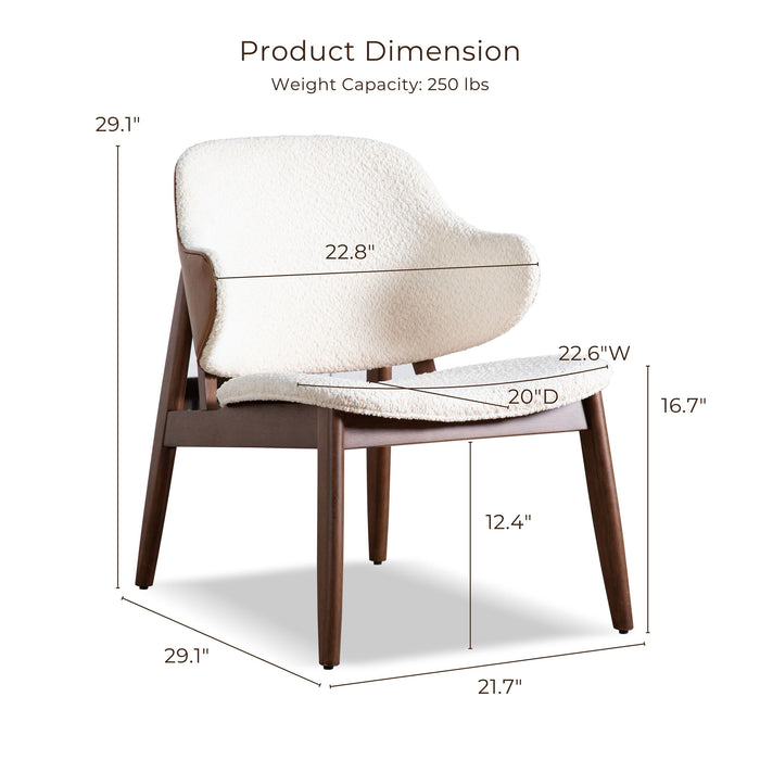 Informational image of the product dimensions of a mid-century modern walnut and ivory boucle accent armchair