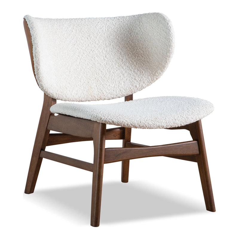 Right facing mid-century modern walnut and ivory boucle wingback accent chair on a white background
